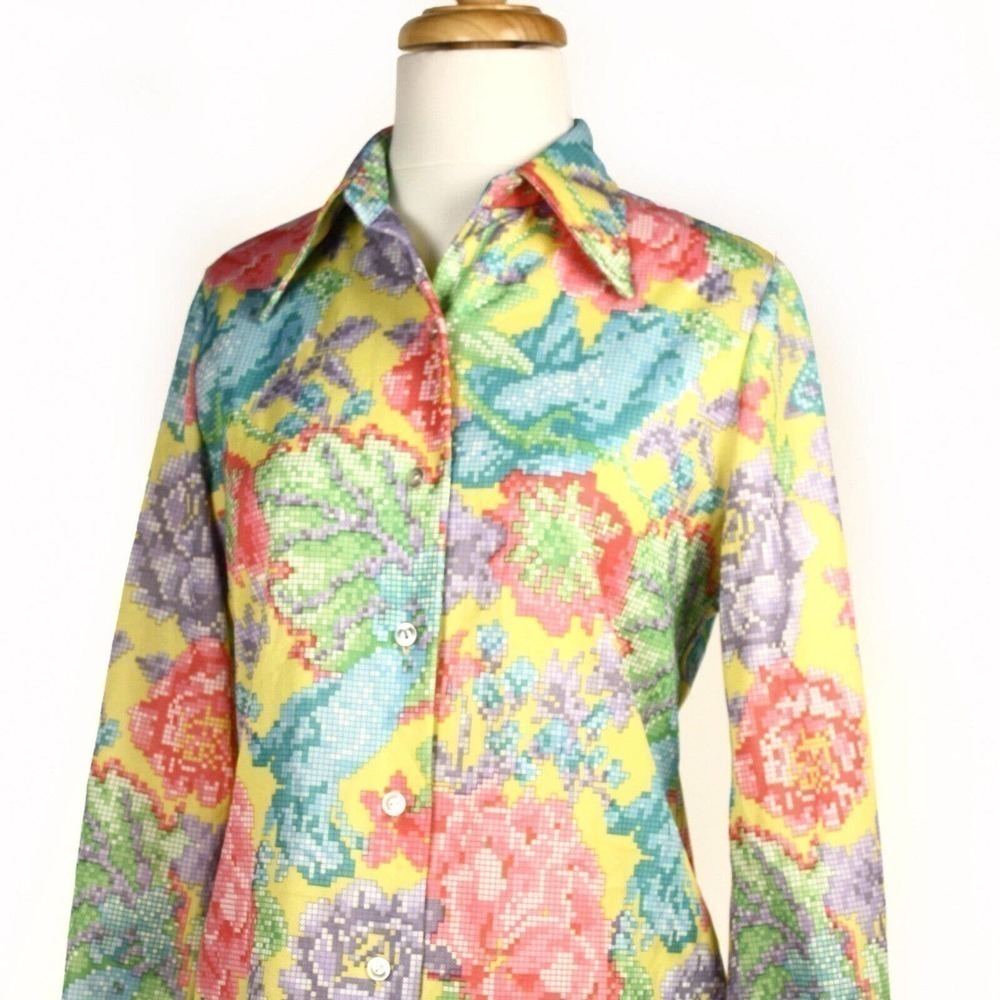 Vintage 70s Shirt Rainbow Colored Flower Long Sleeve Button Up Size 14 - Hey Viv - Picture 2 of 6